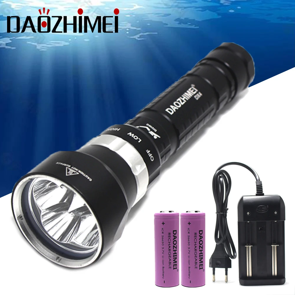 

8000 Lumens DX4 XML XM-L2 40W Waterproof LED Diving Flashlight Underwater Lamp Torch Flash Light +2*26650 Battery + Charge