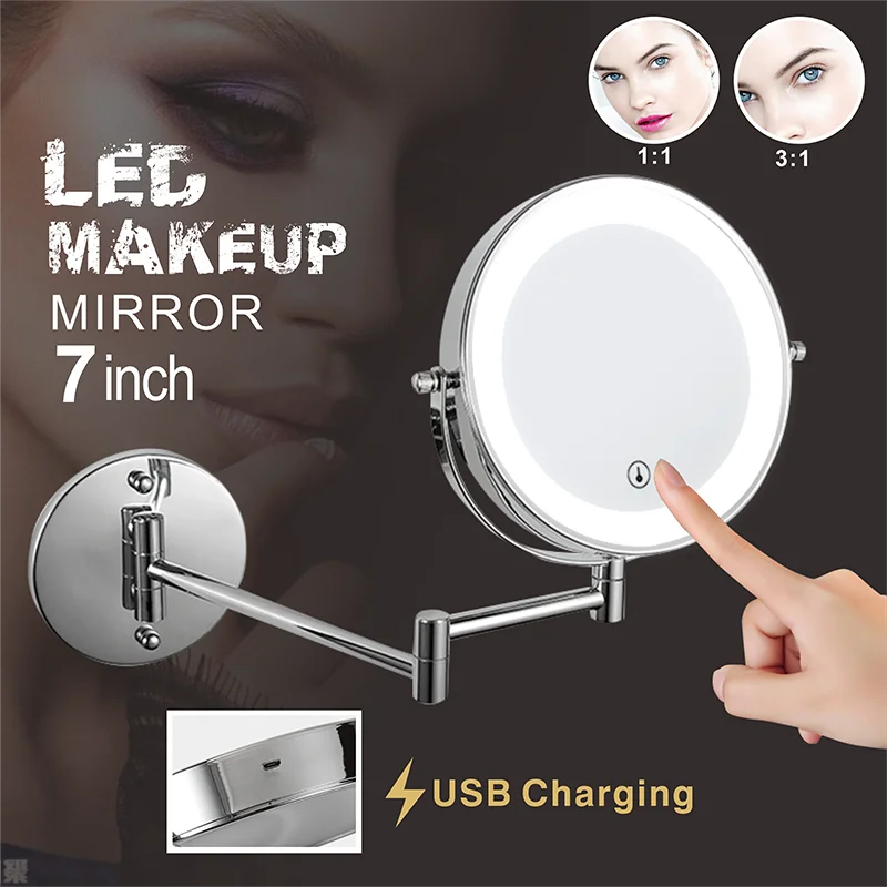 Espejo de baño plegable con luz LED, espejo de baño con brazo extensible, 7 pulgadas, carga USB, montado en la pared, doble cara, maquillaje cosmético inteligente