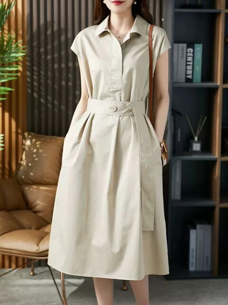 

Dresses for Women 2023 New Summer Korean Fashion Long Dresses Elegant Commuting Solid Color Dress Streetwear Lapel Office Style