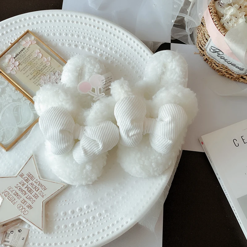 Новые Симпатичные плюшевые женские тапочки с большим трехмерным бантом теплая