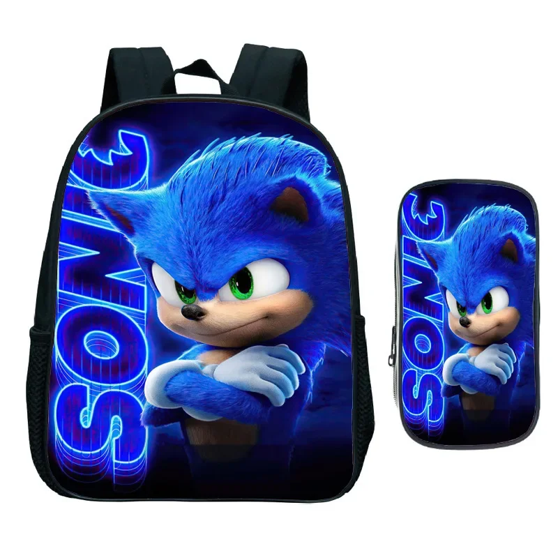 

2PC-SET Anime Sonic Sonic Print Two-piece School Bag Pencil Case Backpack for Primary and Middle School Student Children's Gifts