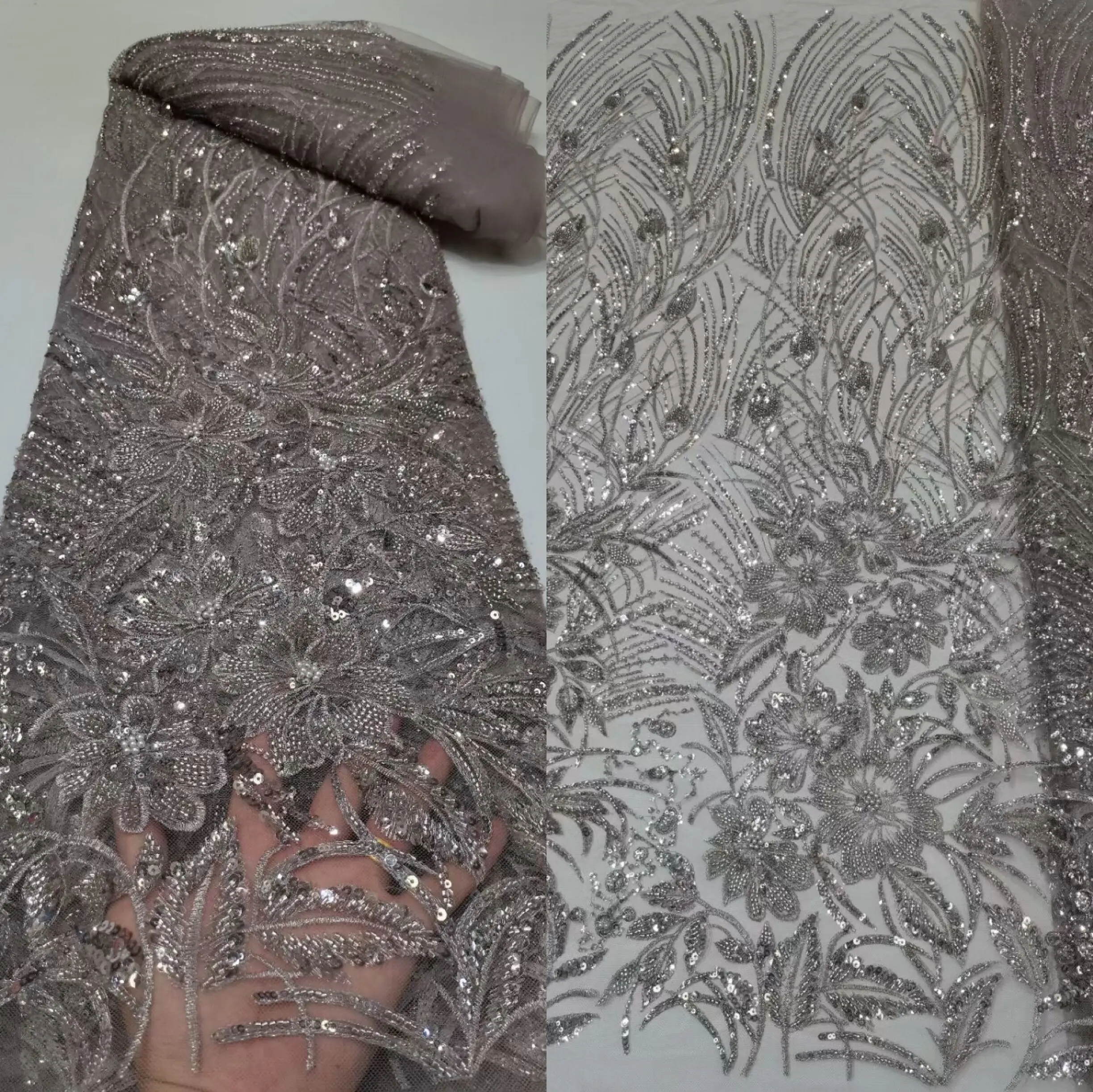 

Beautiful African Lace French Tulle Lace Sequins and beads ZH-12102810 African Lace Fabric Nigerian Lace Fabric For Wedding