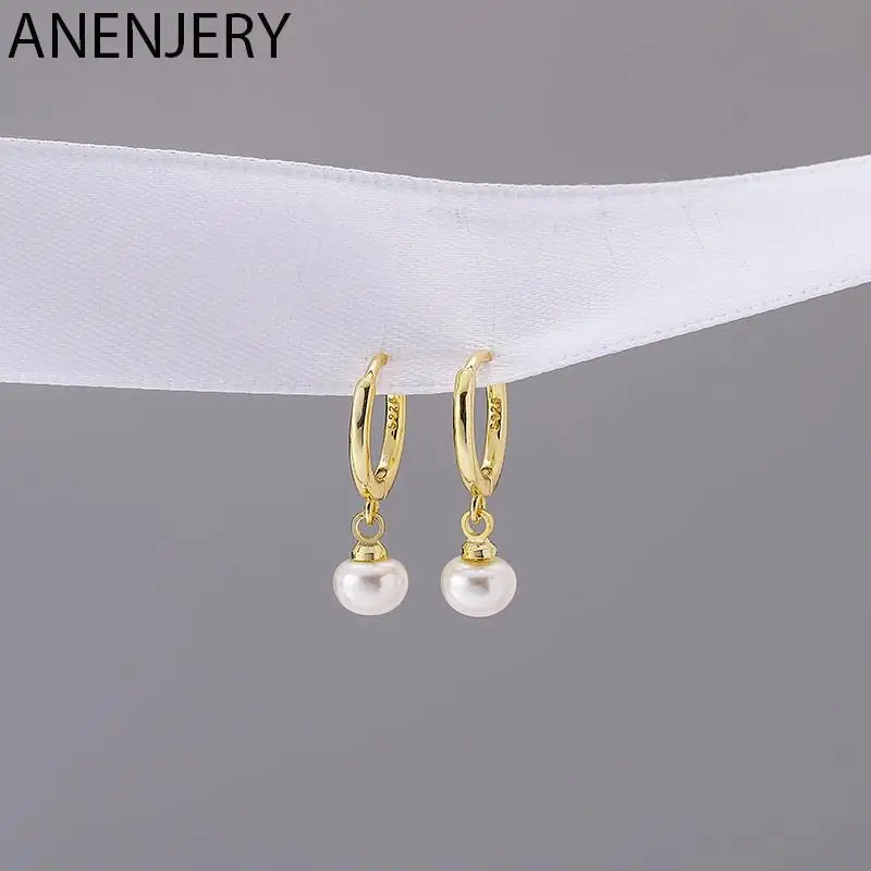 

Женские серьги-кольца с жемчугом ANENJERY, серебристые плоские серьги-подвески для девушек и женщин