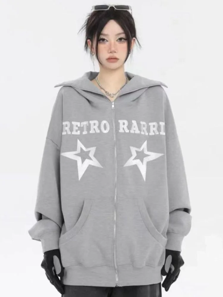 

Harajuku Streetwear Vintage Letter Star Print Hoodies Loose All-match Zipper Coat Y2k Punk Top Autumn New Hip Pop Sweatshirt
