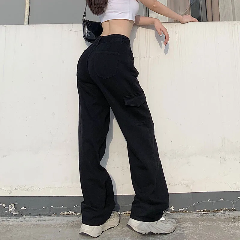 Korean Fashion Pocket White Women Streetwear High Waist Jeans Vintage Straight Harajuku 2021 Denim Pants Cargo Pants Mom Jeans