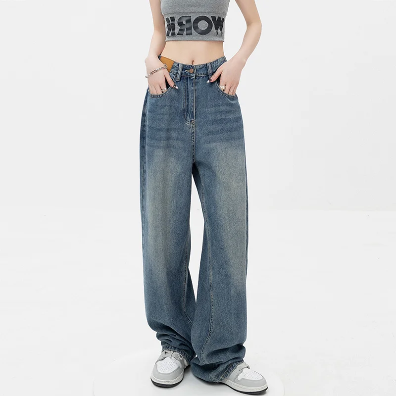 

Vintage Blue High Waist Women Jeans American Fashion Streetwear Style Wide Leg Jean Female Denim Trouser Baggy Denim Pants