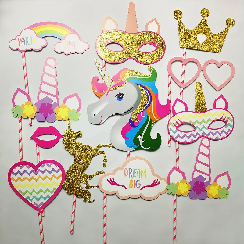 

12Pcs/set Gold Powder Photo Booth Props Unicorn Crown Glasses Love Unicorn Birthday Party Supplies Baby Shower for Children Kids