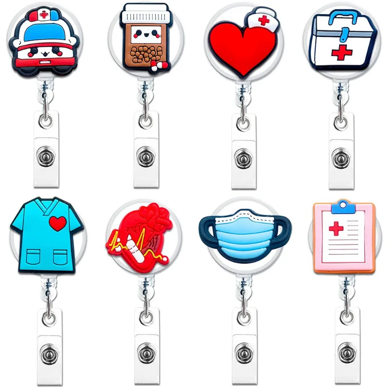 

Cute Cartoon Business Work Card Name Tags Nurse Doctor ID Badge Holders with Retractable Reel Metal Clip Unisex Office Supplies