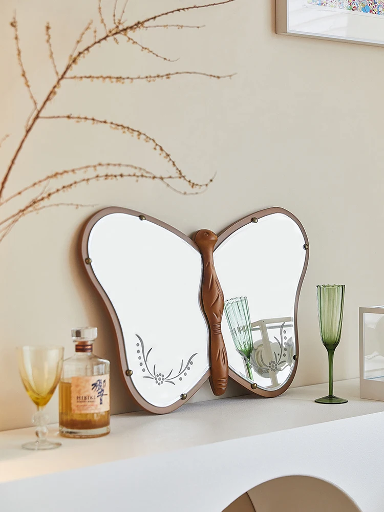 

Butterfly mirror, ancient solid wood mirror, hand carved French dressing mirror, half body mirror, wall mounted porch mirror