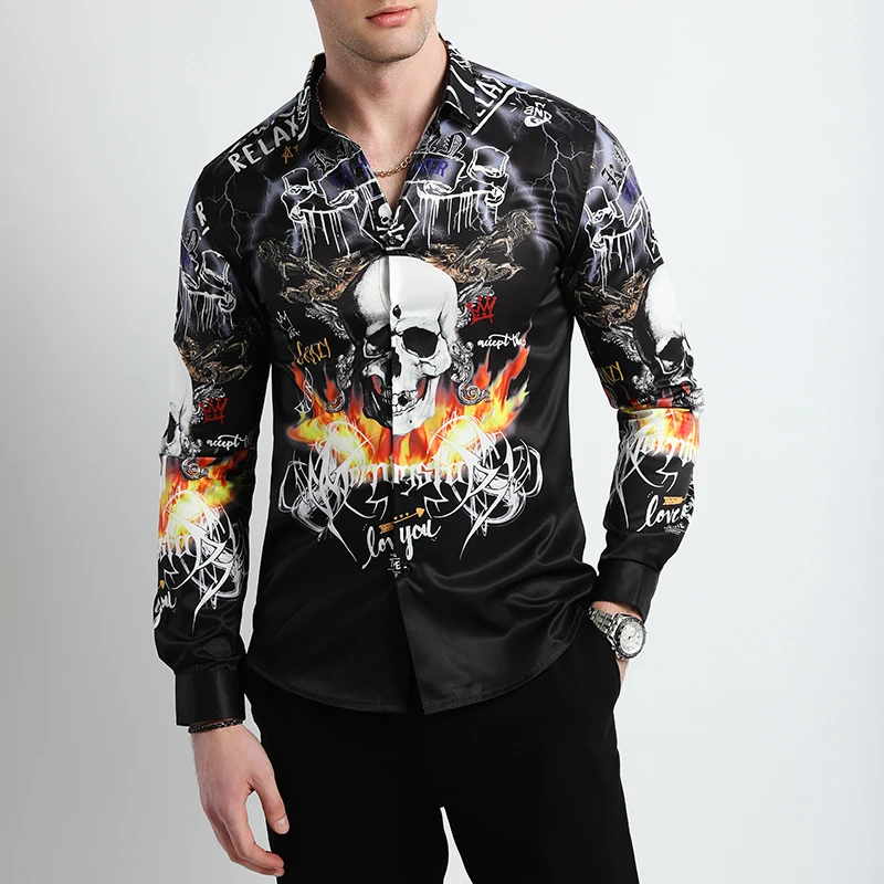 

Long-sleeved Flame Skulls Print Shirts For Men Large Size M-6XL Slim Fit Mens Social Blouses Casual Lapel Button Chemise Homme