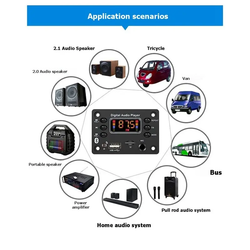 Фото Плата MP3-декодера AS95 для автомобиля с усилителем 2x25 Вт, Bluetooth, DC12-15В, аудиомодуль с микрофонным интерфейсом №2