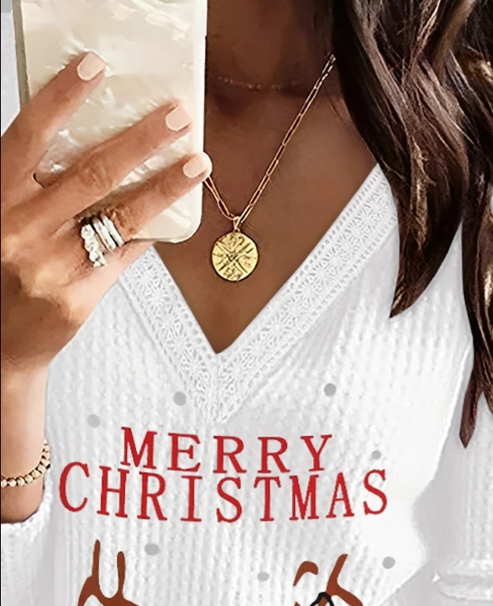 Топ женский весенняя мода 2025 повседневная свободная футболка с рождественским