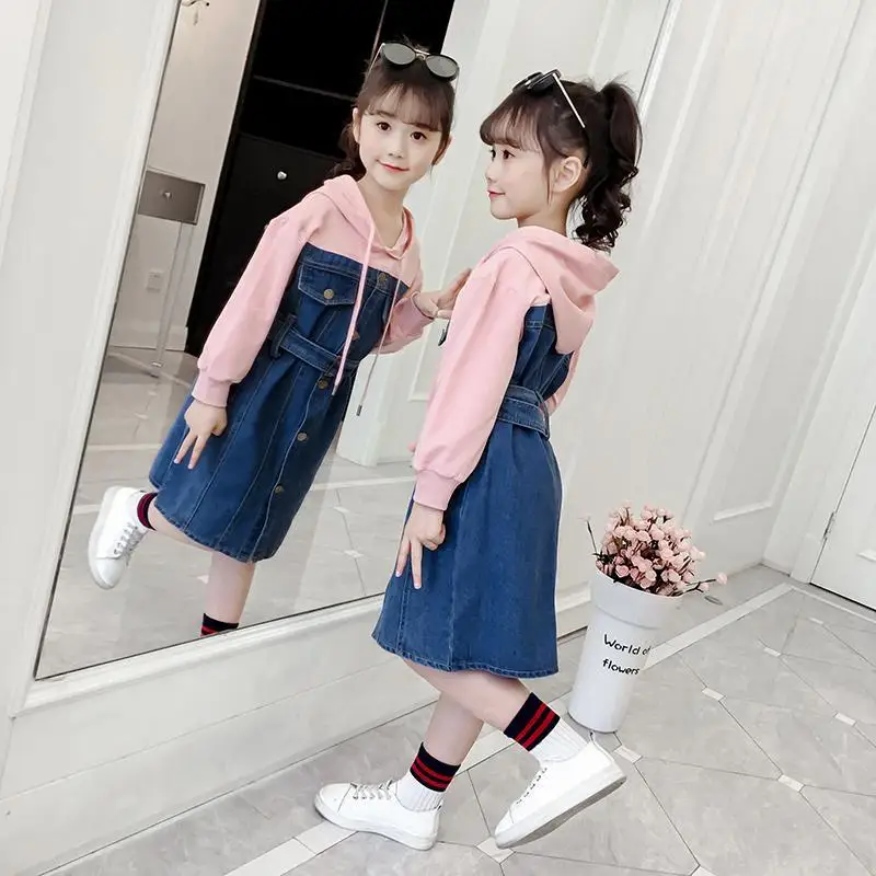 

Girls Dresses Spring Autumn Denim Patchwork Kids Dress Hooded Girl Long Sleeve Party Dress Casual School Children Clothing