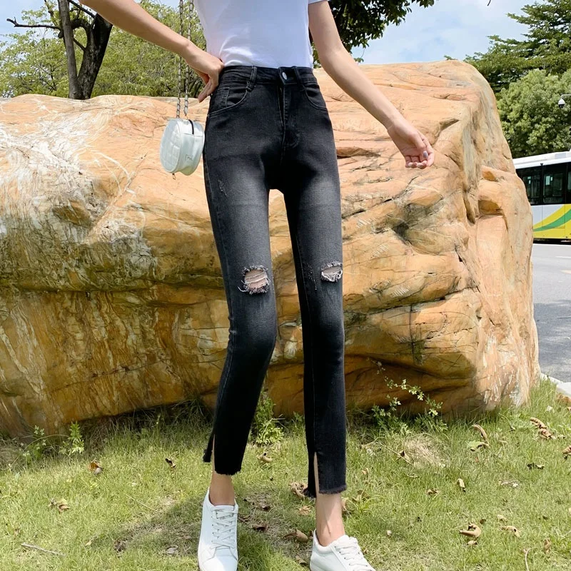 

Women's Stretch Skinny Jeans High Waist New Korean Style Slim Fit Thin Versatile Hole Small Feet Nine-point Pencil Pants