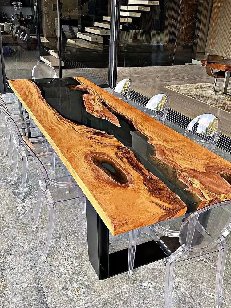 

Epoxy resin log table of solid wood board tea desk plate contracted poplar office desktop furniture creative sea river