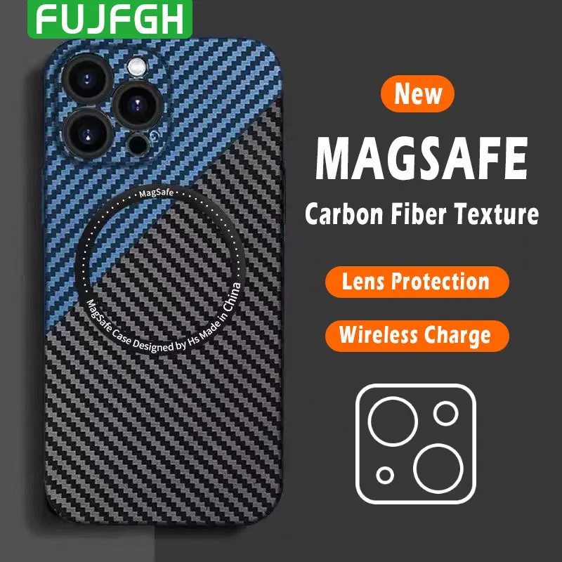 

Carbon Fiber Texture Splice For Magsafe Magnetic Wireless Charging Case For iPhone 14 13 12 11 Pro Max Hard PC Shockproof Cover