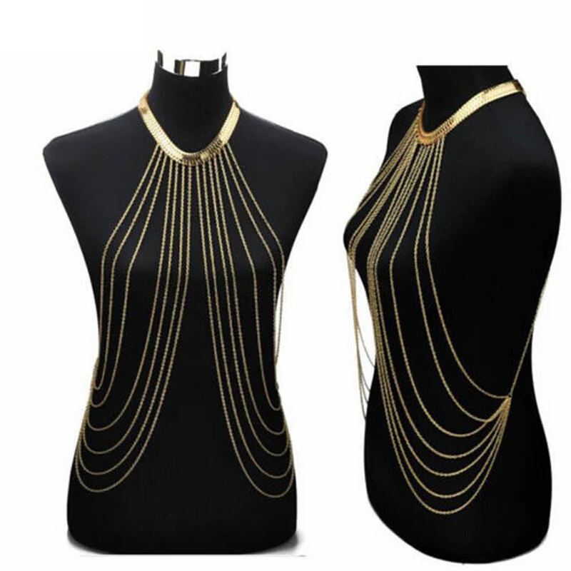 

Women Body Chain Metal Belly Jewelry Fashion Multilayered Fringe Pearl Beach Bikini Body Chain Necklace Chest Chain Jewellery