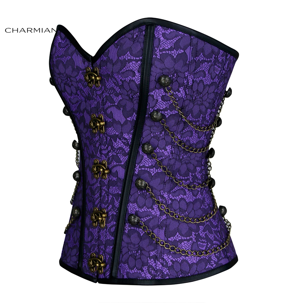 Charmian Women's Steampunk Gothic Brocade Halloween Overbust Corset with Chains Retro Jacquard Strapless Body Shaper Bustier Top
