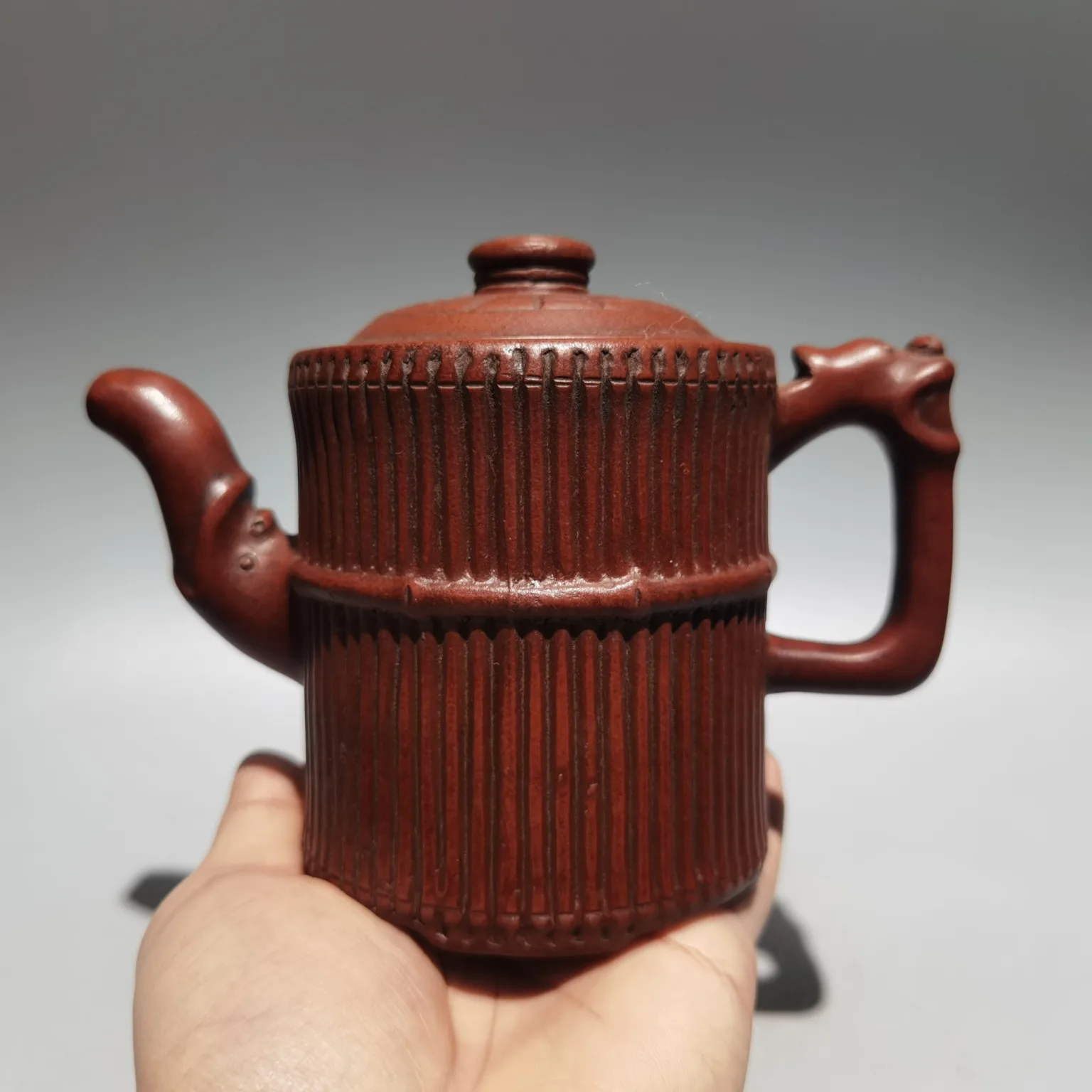 

7" Chinese Yixing Zisha Pottery bundle of bamboo kettle teapot Red mud Gather fortune Office Ornaments Town house