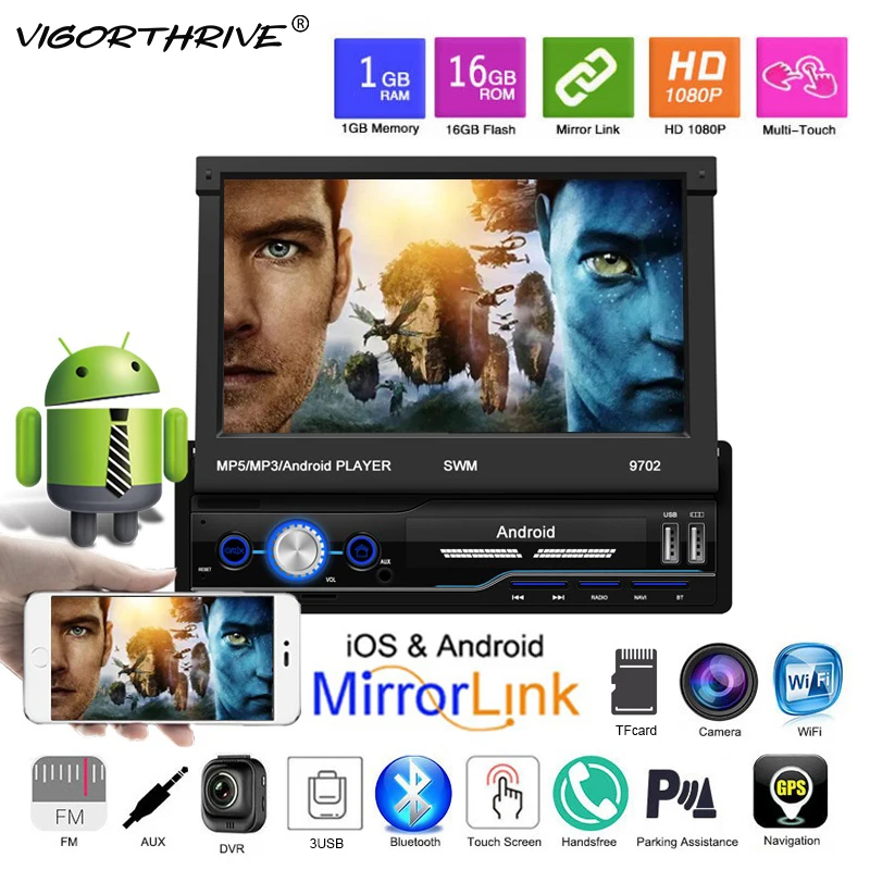 

Car Radio 1 Din MP5 Player 7 Inch Bluetooth HD GPS Retractable Screen USB IOS Android 8.1 Rear View Camera Mirror Link FM Folded