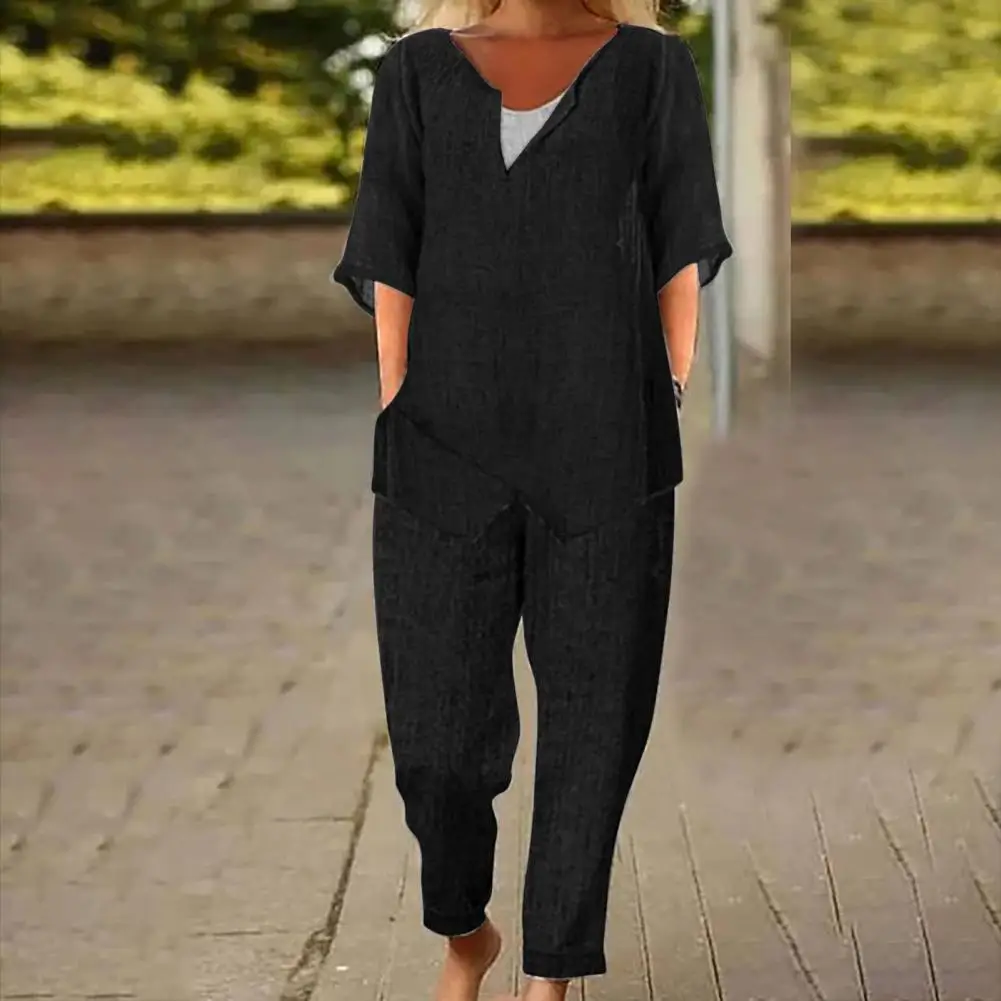 

Women Pants Set Soft Breathable Lady Set V Neck T-shirt Wide Leg Pants with Irregular Hem Pockets Loose Stylish Lady Clothes