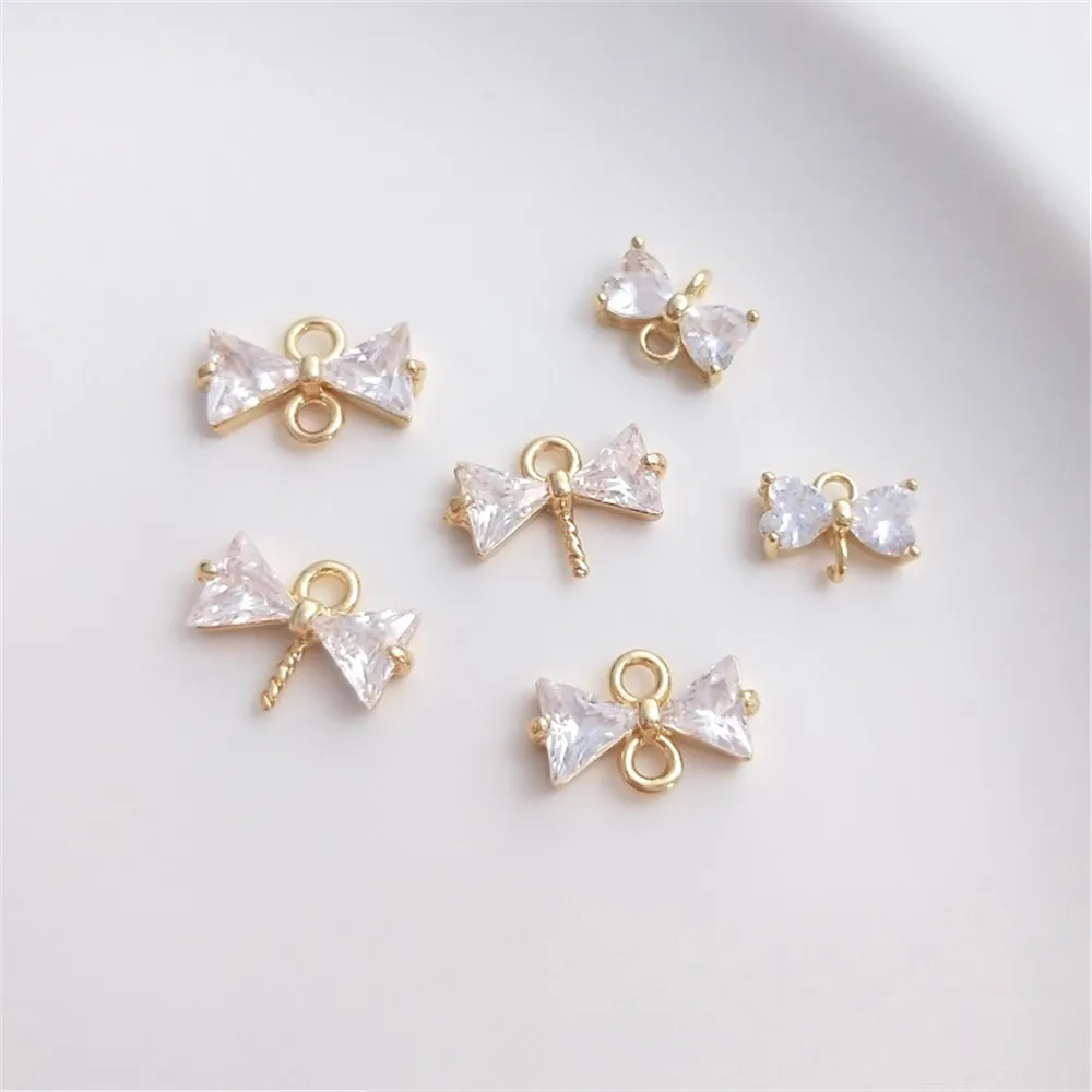 

14K Gold Filled Plated Zircon bowknot half hole bead needle pendant Double hole bow tie Pendant DIY bead holder accessories