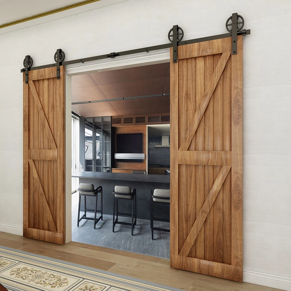 

CCJH Sliding Barn Door Hardware Kit for Double Wood Doors 4-20FT Rail System Industrial Track Big Wheel Roller Hanger Heavy Duty