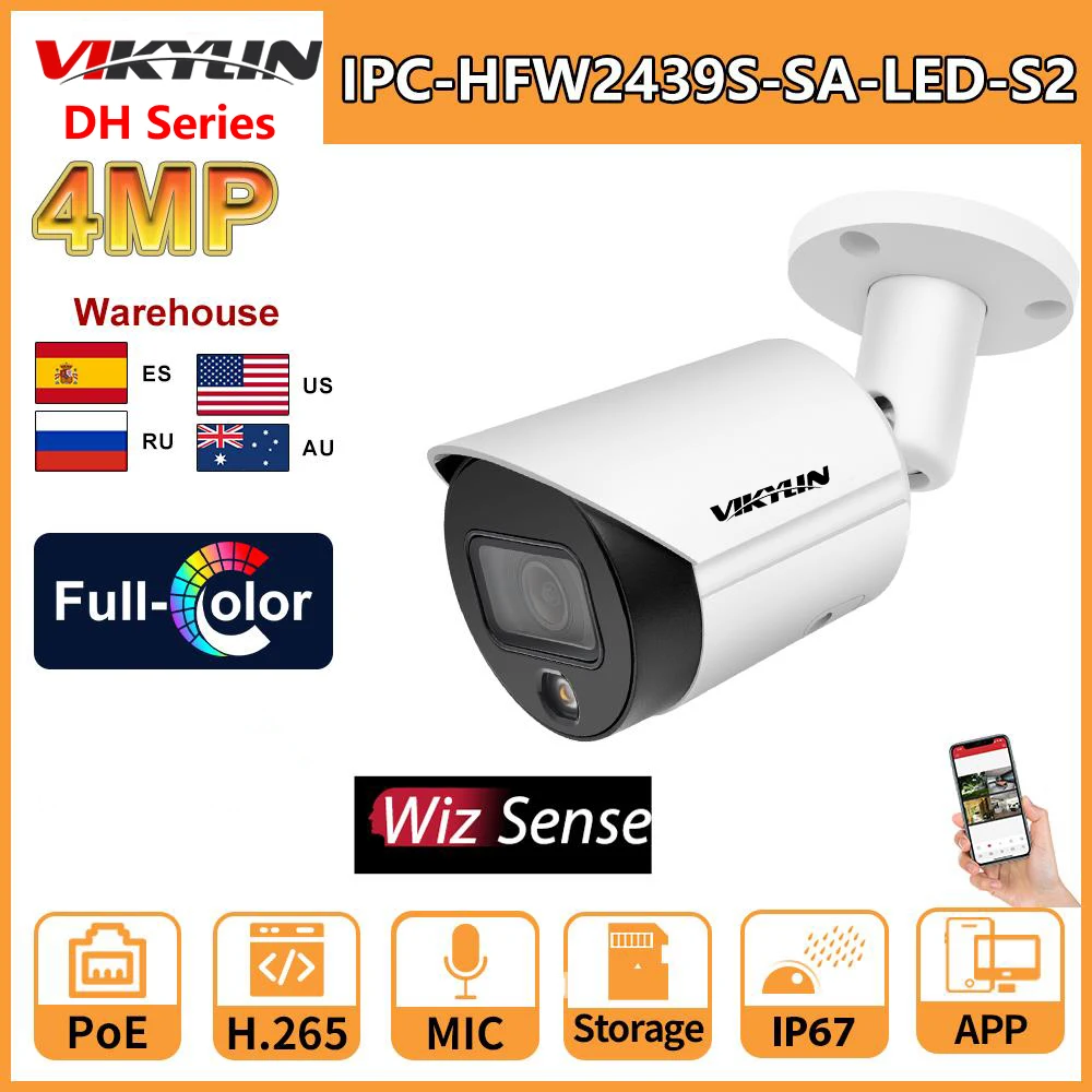 Vikylin Dahua OEM COLOR NIGHT CAMERA 4MP IPC-HFW2439S-SA-LED-S2 Full-Color Bullet Security PoE Built-in MIC SD Card Slot CCTV