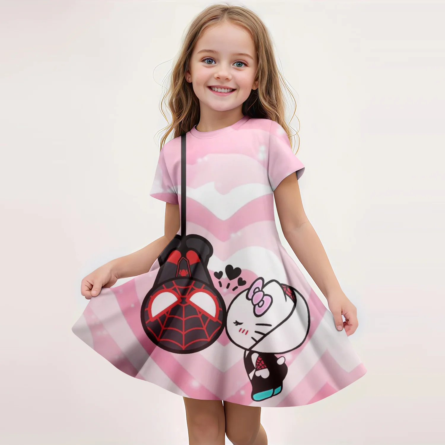 Miniso Летнее Платье Для Девочек С Мультяшным Принтом Hello Kitty Spiderman Длиной До Колена