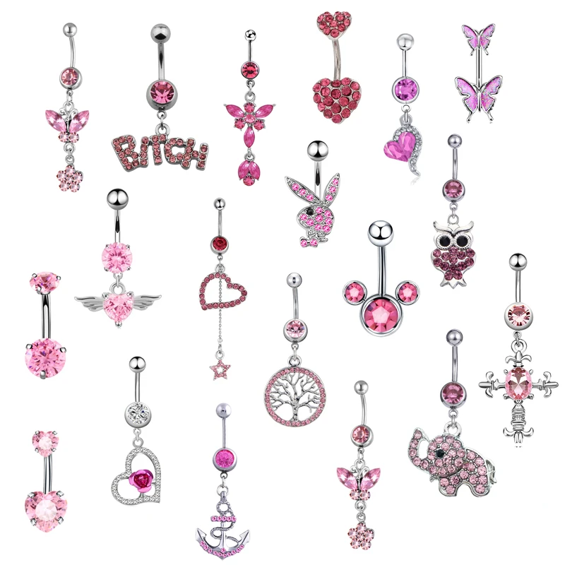 

1PC Boho Pink Belly Button Rings Heart Butterfly Navel Piercing Surgical Steel Dangle Belly Rings Barbell Body Piercing Jewelry