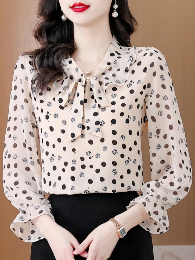 Шифоновые рубашки с длинными рукавами в горошек женская осенняя одежда 2024 новый