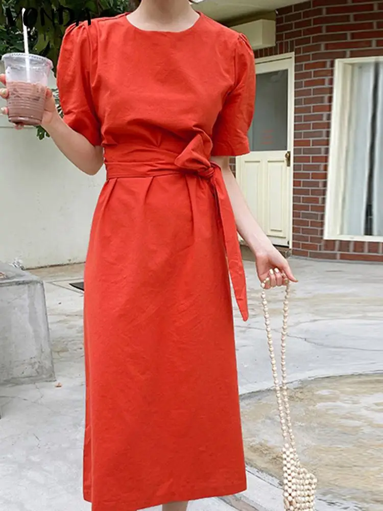

Women Dresses 2023 Summer Sundress Short Puff Sleeve Elegant Office Midi Dress VONDA Casual Belted Solid Color Party Vestidos