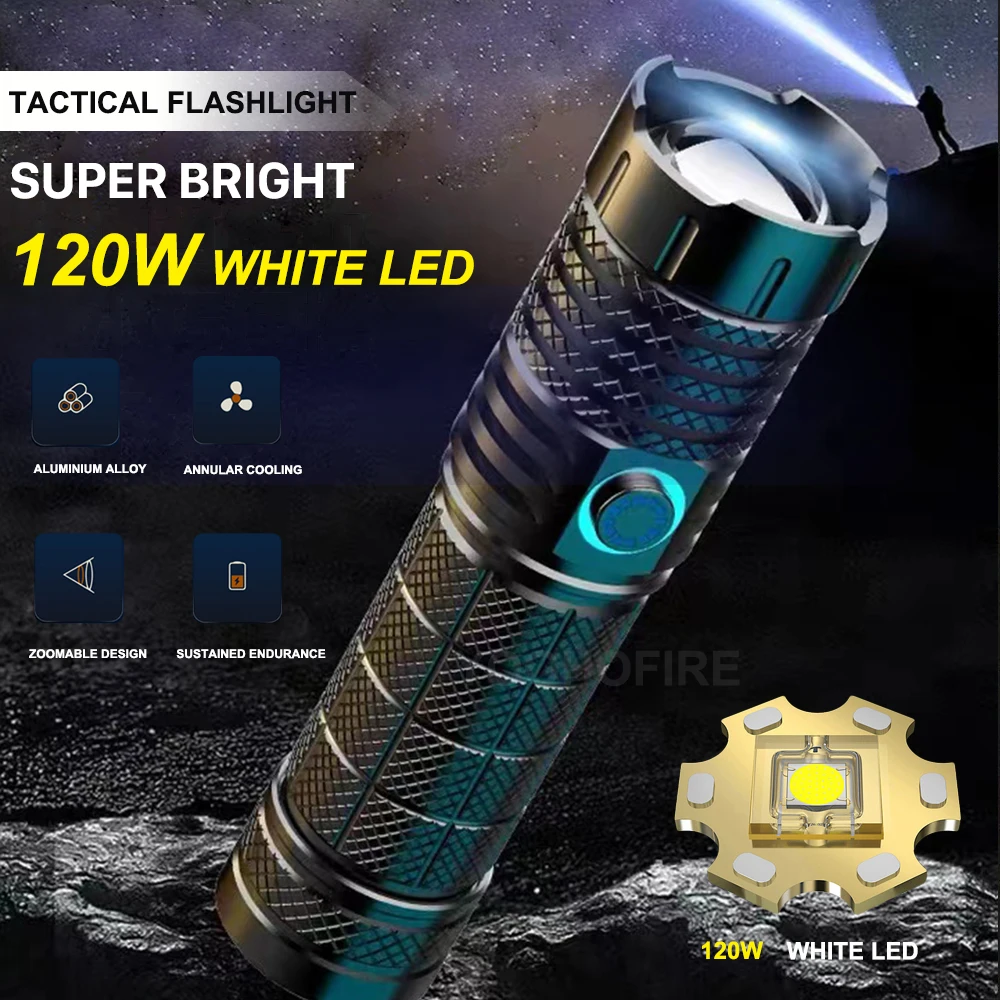 

Rechargeable Tactical Flashlight High Lumens Battery Powered Ultra Bright 120W White LED Torch Light Lantern Outdoor Emergency