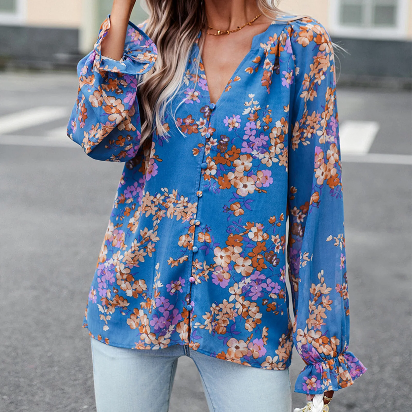 

Floral Printed Single Breasted V Neck Women Casual Blouses Elegant Gathered Shirt Loose Fit Tops Chiffon Female Outwear