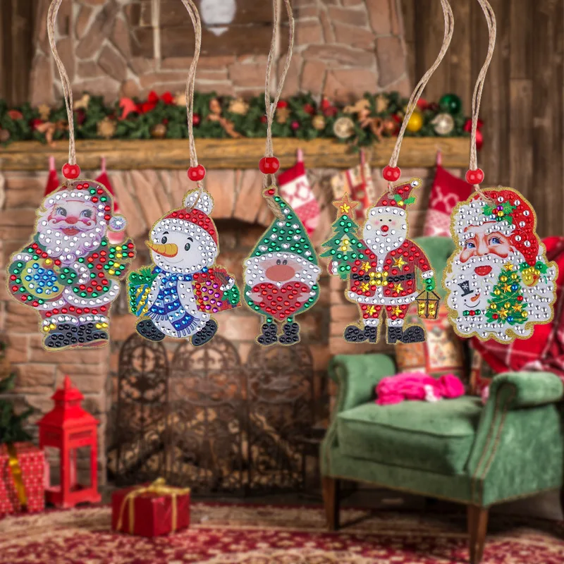5pcs DIY Diamond Painting Christmas Pendant Santa Snowman Diamond Embroidery Mosaic Hanging Ornament Xmas Home Decor Crafts Gift