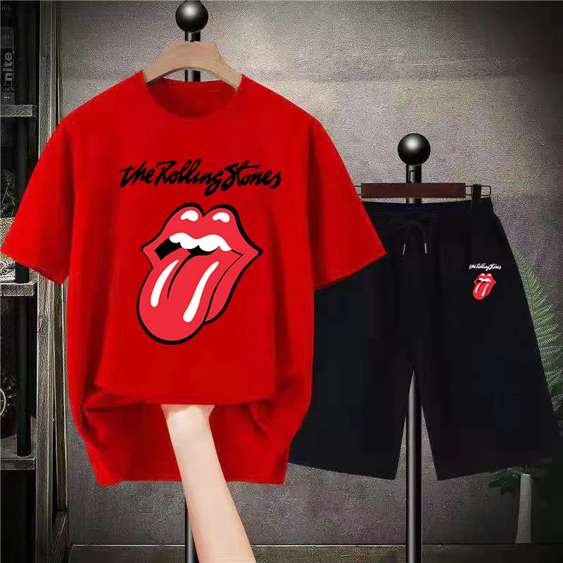 Amazing Tees Men's T-shirt+Shorts Plus Size Retro Rolling Stones Essential T-shirt Men's T-shirt Pattern Set S-4XL