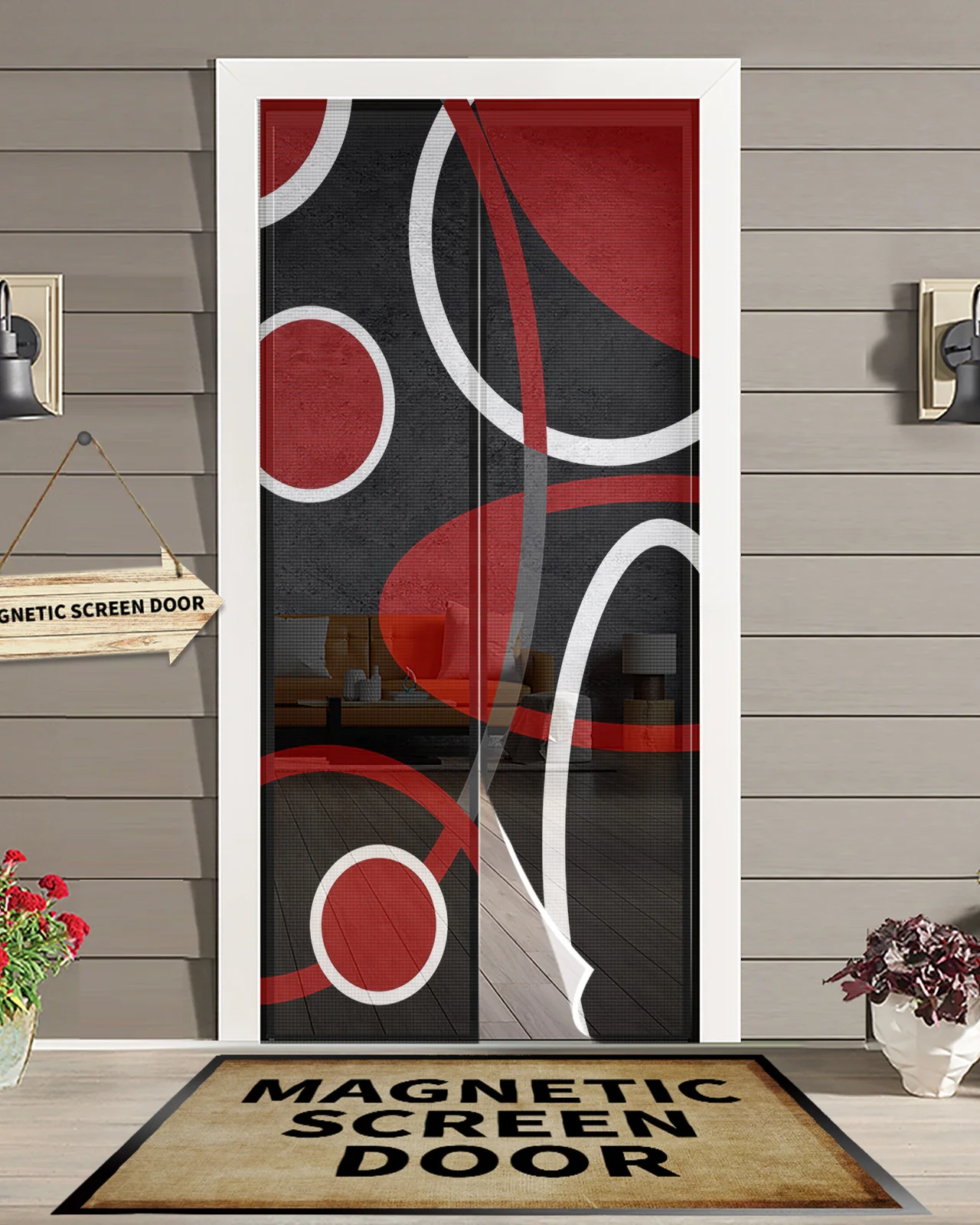 

Red Black Geometric Abstract Lines Magnetic Door Curtain Living Room Bedroom Home Anti-mosquito Screen Door Curtain