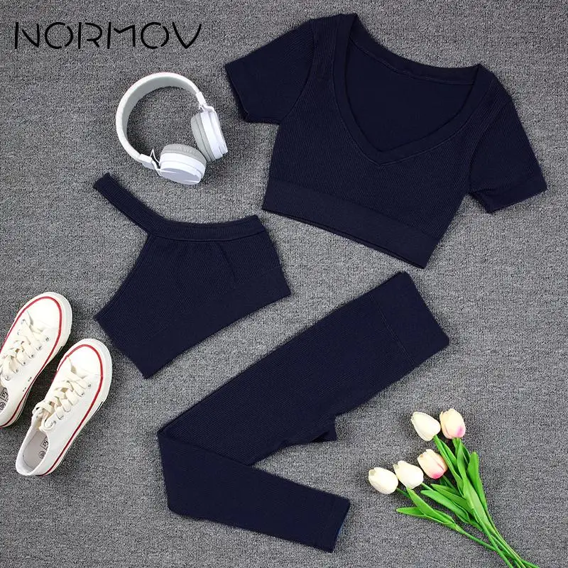 

NORMOV 1/2/3 Pieces Yoga Sport Set Ribbed Gym Set Workout Seamless Fitness Suits Solid High Waist Leggings Push Up Bra Sportwear
