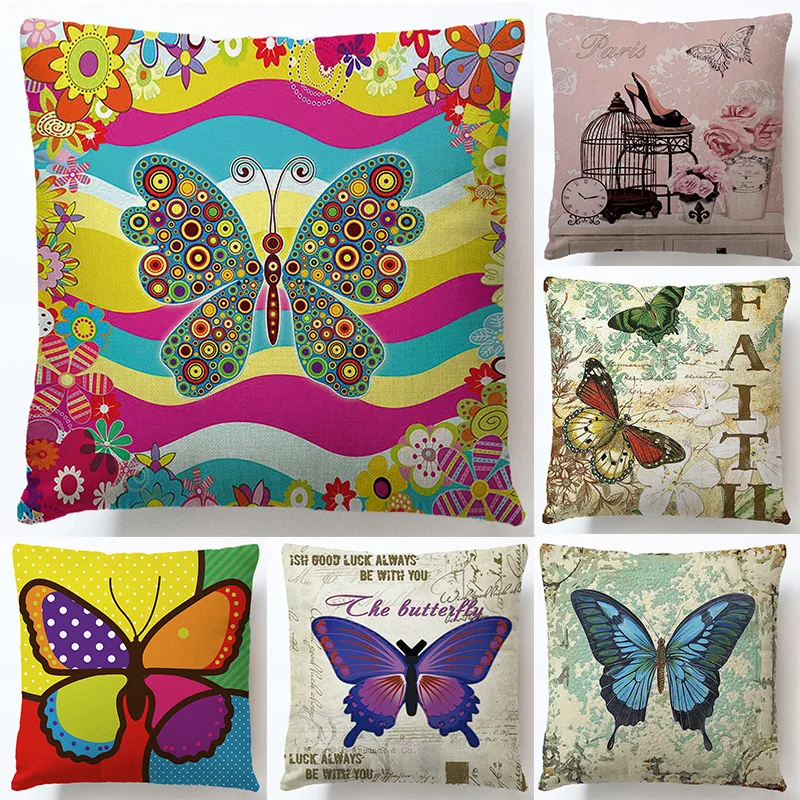 

Подушка из хлопка и льна с рисунком бабочки, разноцветная декоративная наволочка для дивана, кровати, офисных стульев, подушка 40x40