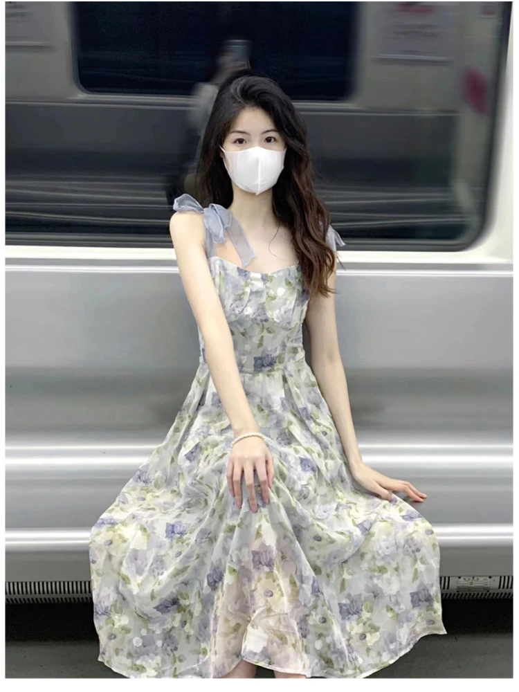 

Female Dress French Sling Print OilPainting Style Fairycore Waist Retraction Sweet Long Skirt Temperament Elegant Womens Dresses