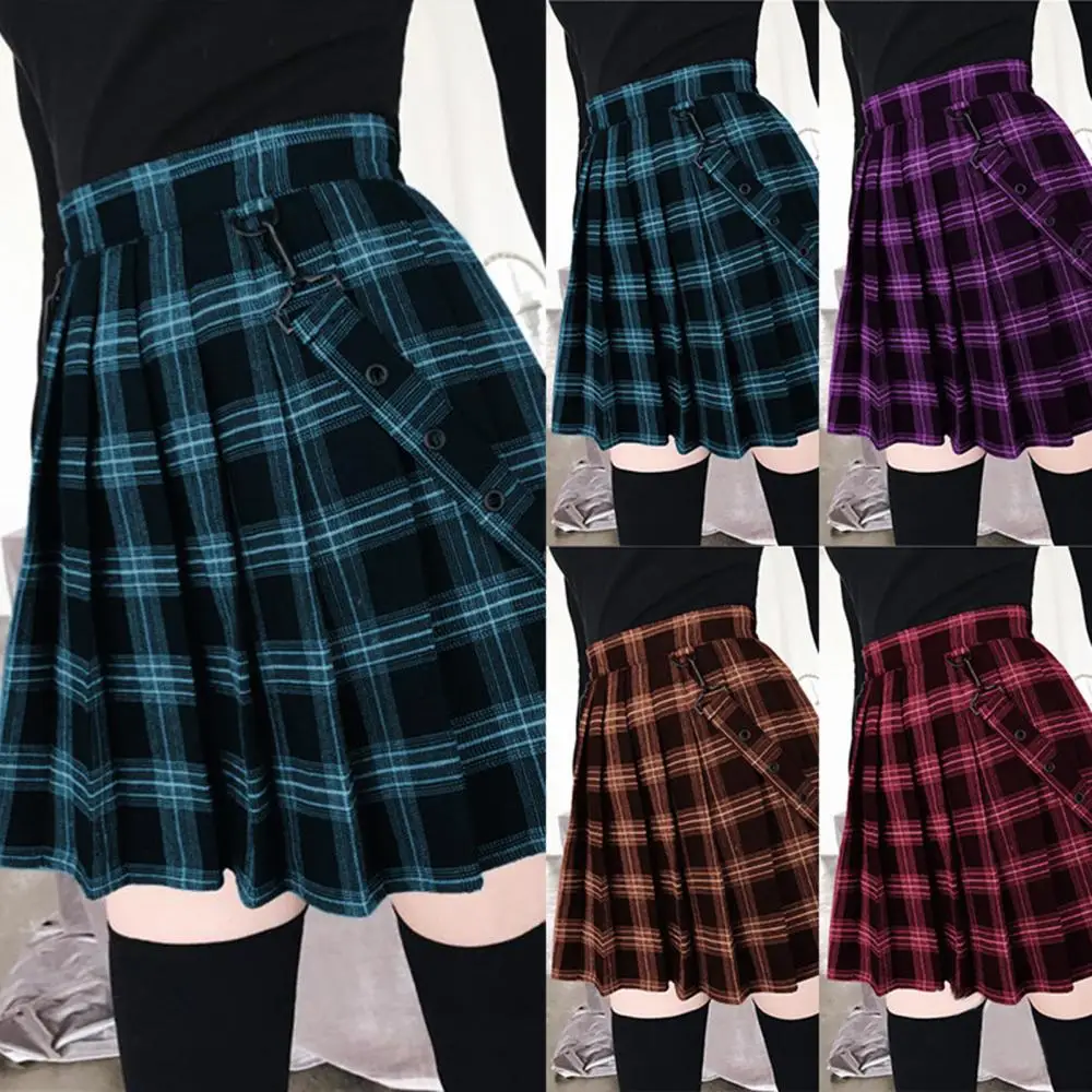 

Fashion Pleated Plaid Strap High Waist Skirt Large Hem Women Party Mini A-line Skirt