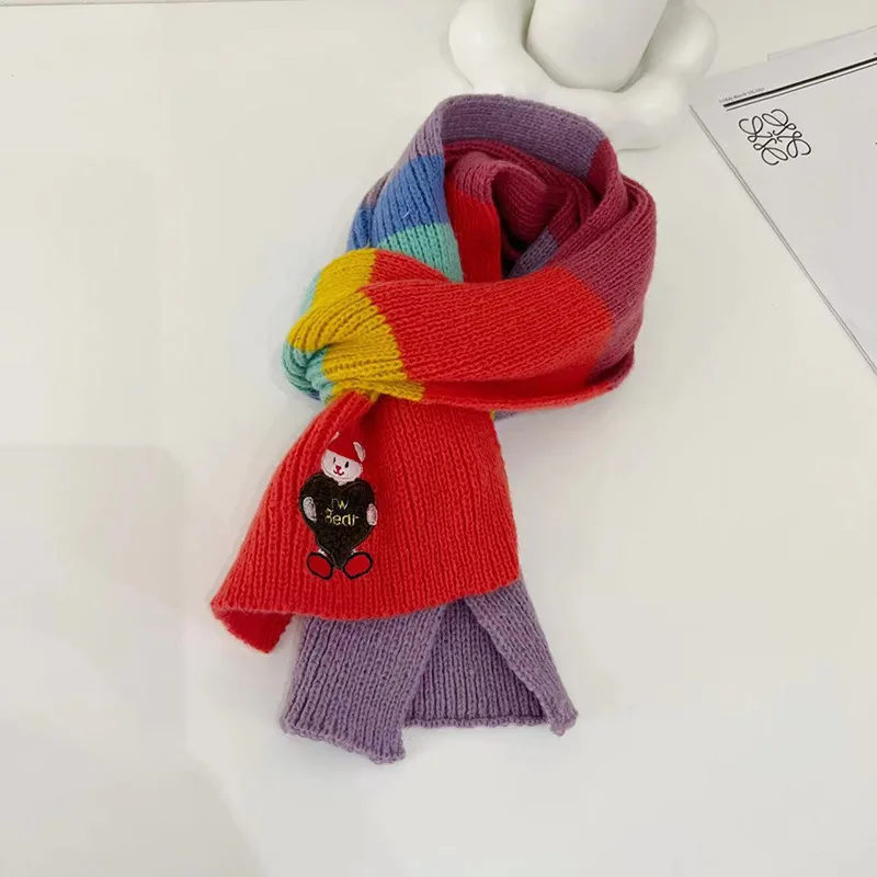 

Rainbow Bear Cartoon Wool Scarf Fashion Women Cute Warmer Scarves Embroidered Bear Winter Scarf Girlfriend Gift