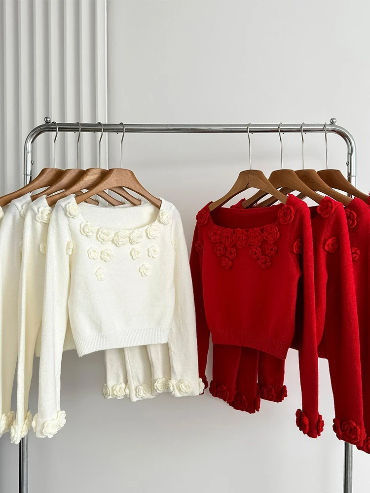 Женский рождественский красный пуловер с 3D цветочным принтом свитер Harajuku Y2k