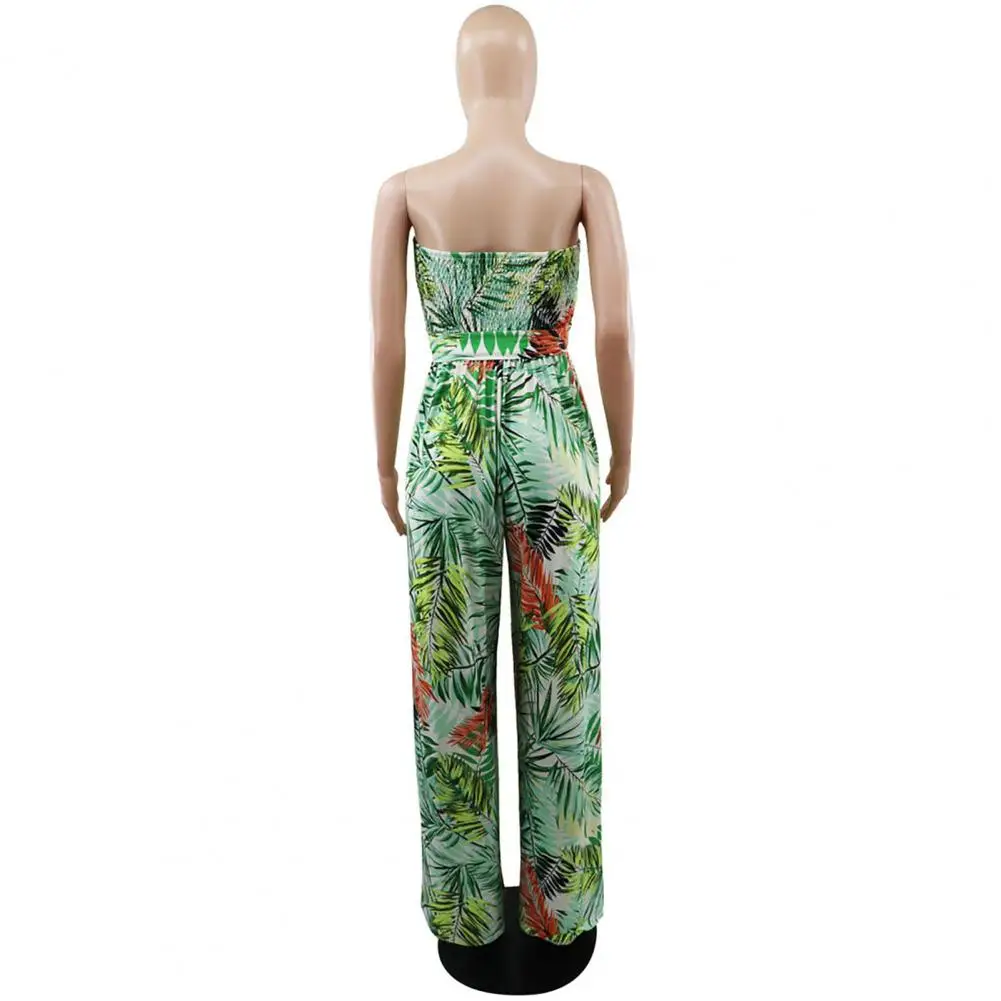 

High Waist Jumpsuit Floral Print Bandeau Jumpsuit Stylish Vacation Attire with High Waist Wide Leg Backless Design Ladies