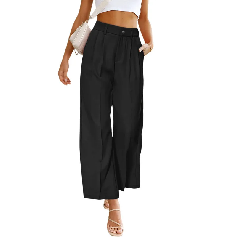 Fashion Straight Trousers Wide Leg Pants with Pockets Office Lady Solid Color Summer Casual Loose High Waist Button Pants 26529