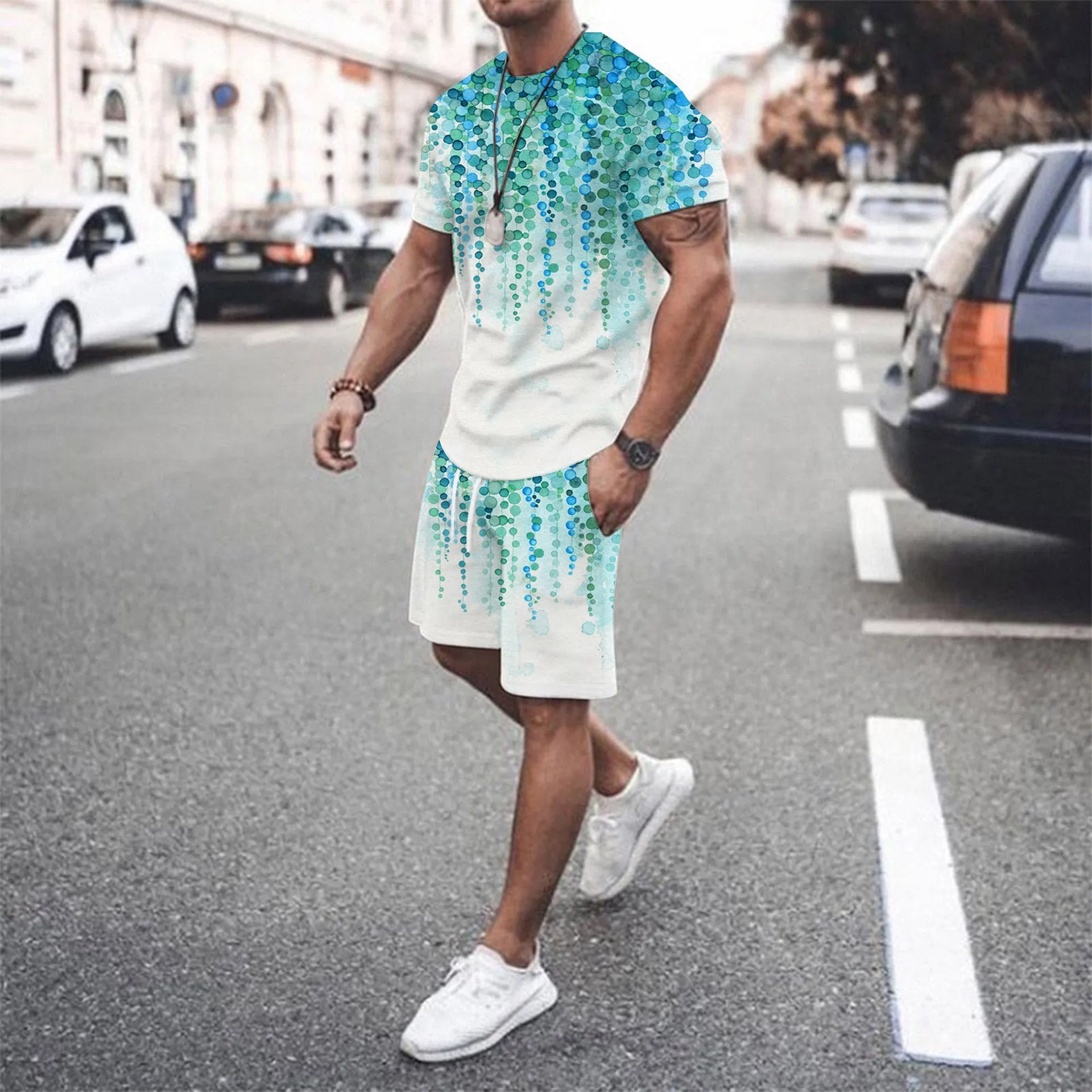 Summer Men T-shirts Shorts 2 Piece Sets Geometric Pattern Beach Tracksuit Short Sleeve Casual Streetwear Fashion Man Clothing