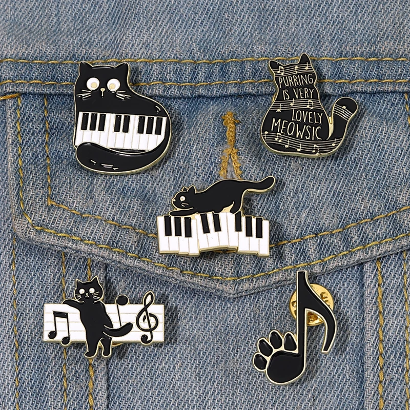 

Black And White Keys On The Piano Enamel Pins Cat And Musical Note Brooches Lapel Badges Concert Jewelry Gift For Art Friends