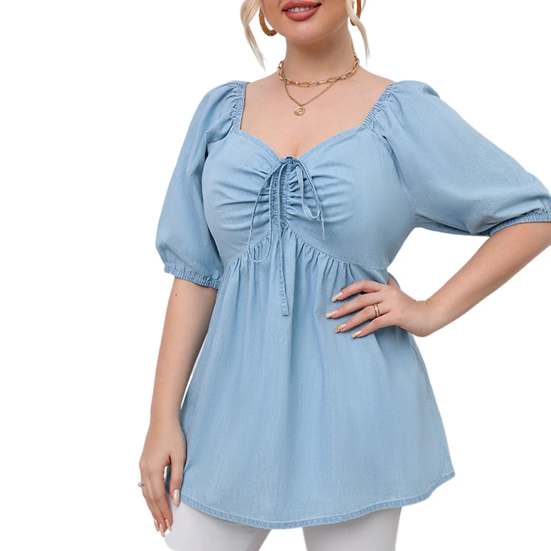 Women Plus Size Tunic Tops 2022 Summer Denim Puff Sleeve Casual V Neck Ruched Tunic Tops All Match Tee Blusas Chemise Femme Top