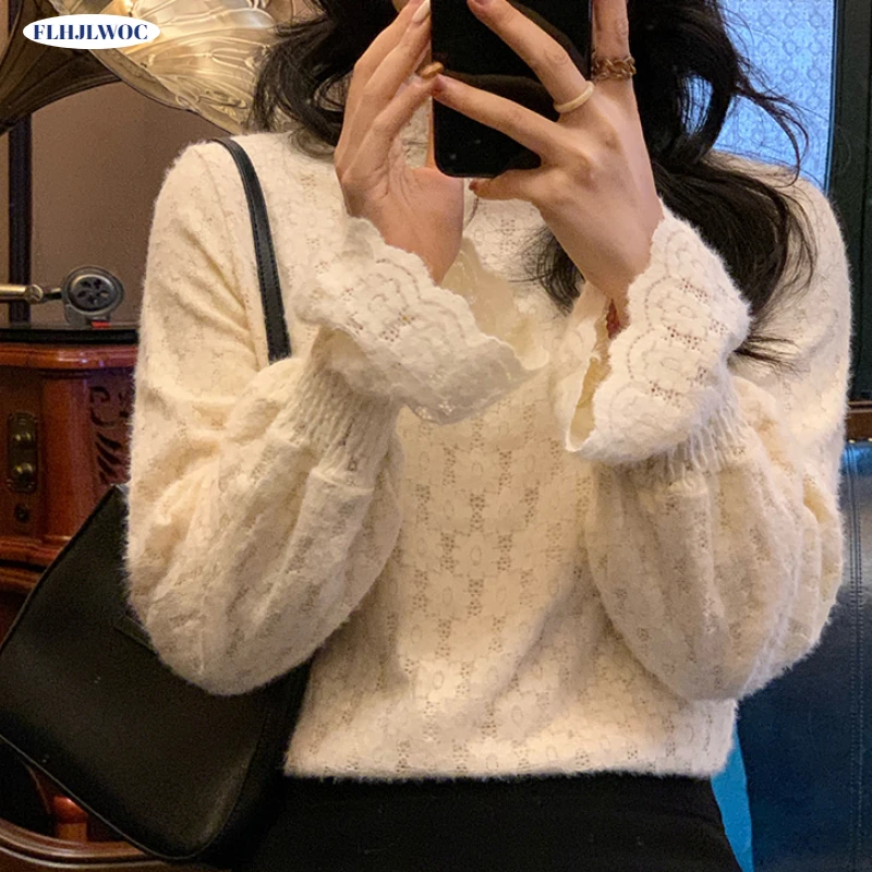 

Женская кружевная блузка с длинным рукавом, вязаный крючком топ с воротником-стойкой, модная винтажная Милая Толстая Теплая Бархатная Базо...