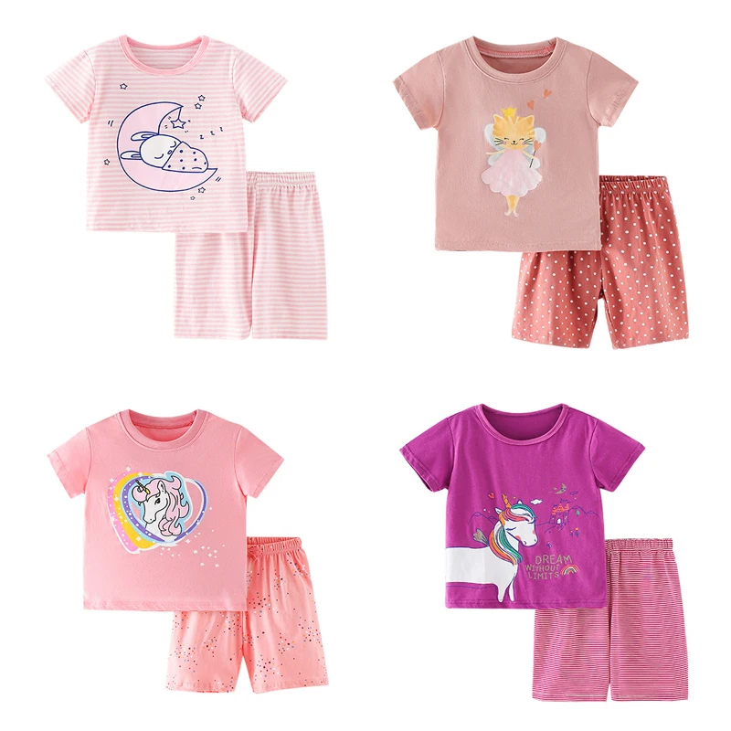 

Jumping Meters Girl Summer Short Sleeves and Shorts Cartoon Unicorn Stripes Soft Cotton Casual Breathable Set Clothes 2-7Years